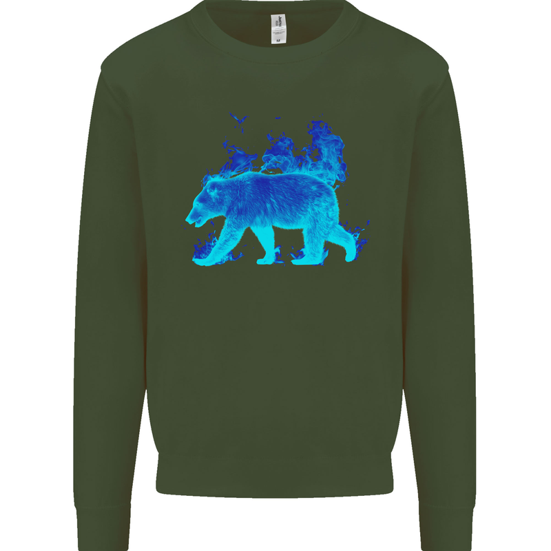 A Blue Flame Grizzly Bear Kids Sweatshirt Jumper Forest Green