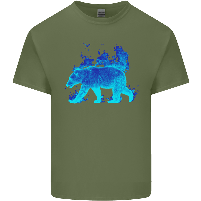 A Blue Flame Grizzly Bear Mens Cotton T-Shirt Tee Top Military Green