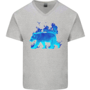A Blue Flame Grizzly Bear Mens V-Neck Cotton T-Shirt Sports Grey