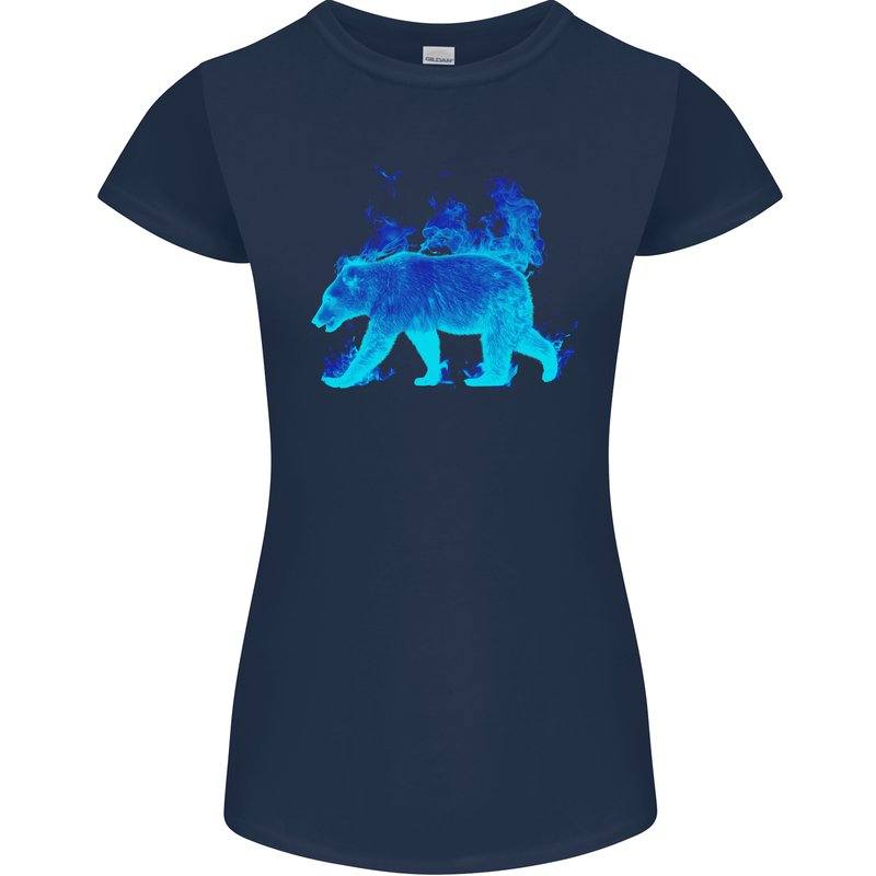 A Blue Flame Grizzly Bear Womens Petite Cut T-Shirt Navy Blue