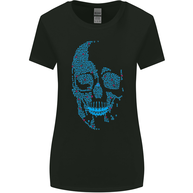 A Blue Skull Made of Guitars Guitarist Womens Wider Cut T-Shirt Black