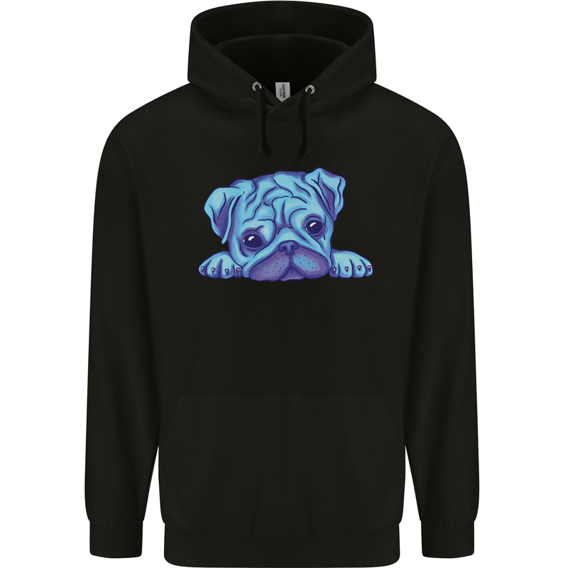 A Blue Watercolour Pug Childrens Kids Hoodie Black