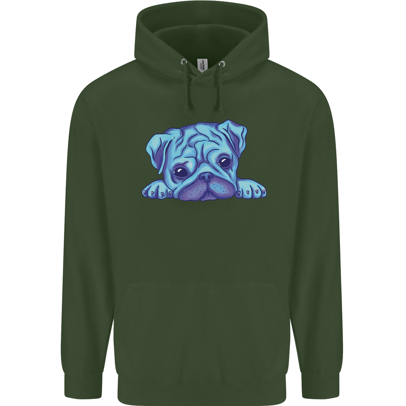 A Blue Watercolour Pug Childrens Kids Hoodie Forest Green
