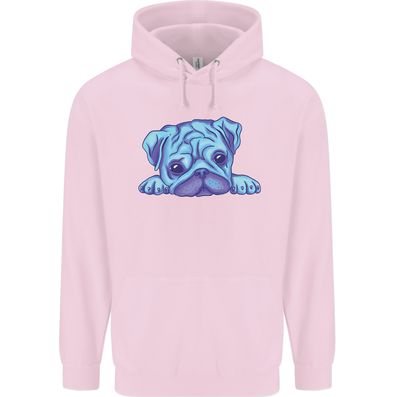 A Blue Watercolour Pug Childrens Kids Hoodie Light Pink