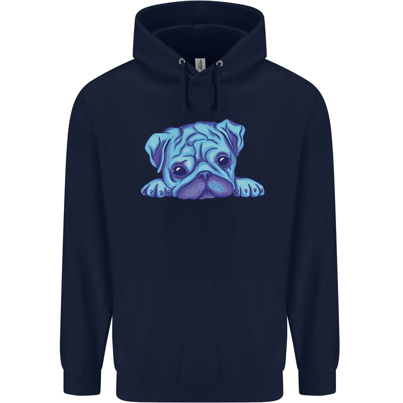 A Blue Watercolour Pug Childrens Kids Hoodie Navy Blue