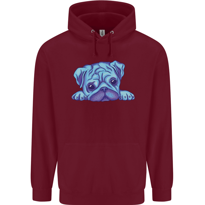 A Blue Watercolour Pug Mens 80% Cotton Hoodie Maroon