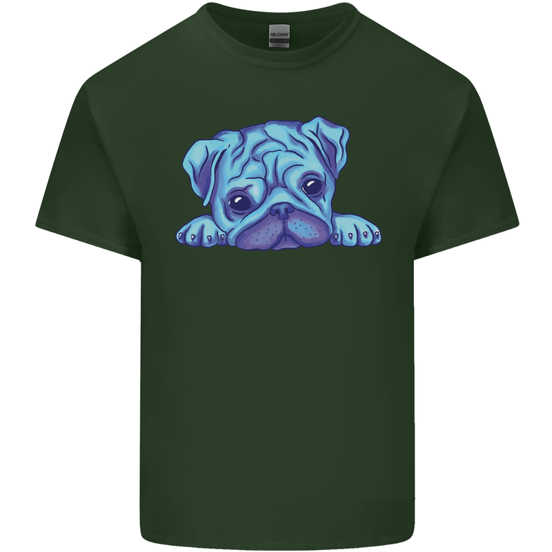 A Blue Watercolour Pug Mens Cotton T-Shirt Tee Top Forest Green