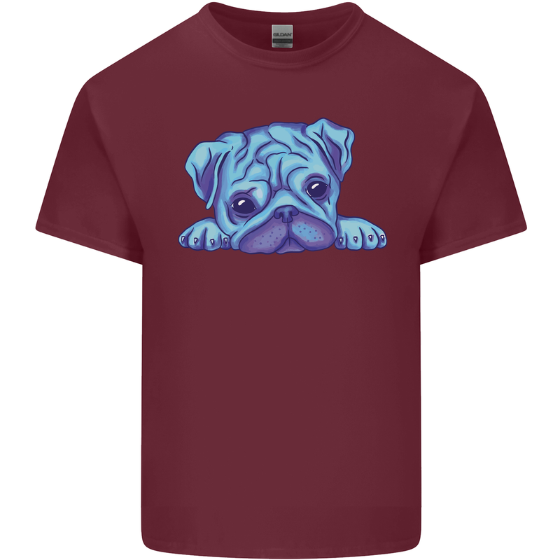 A Blue Watercolour Pug Mens Cotton T-Shirt Tee Top Maroon