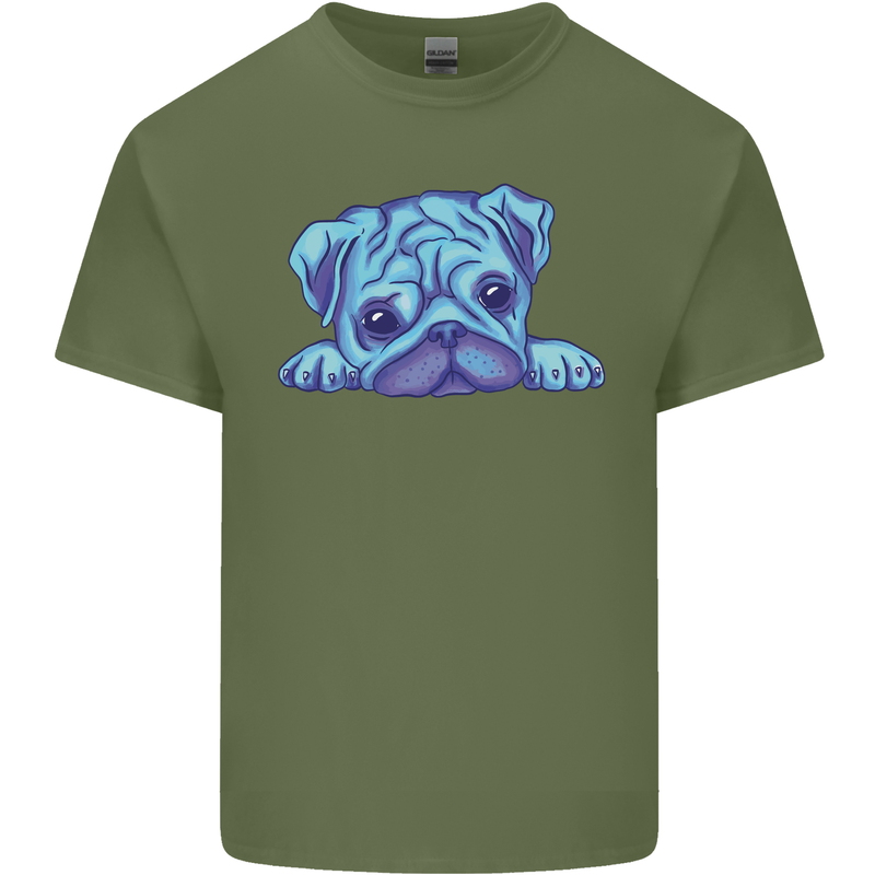 A Blue Watercolour Pug Mens Cotton T-Shirt Tee Top Military Green