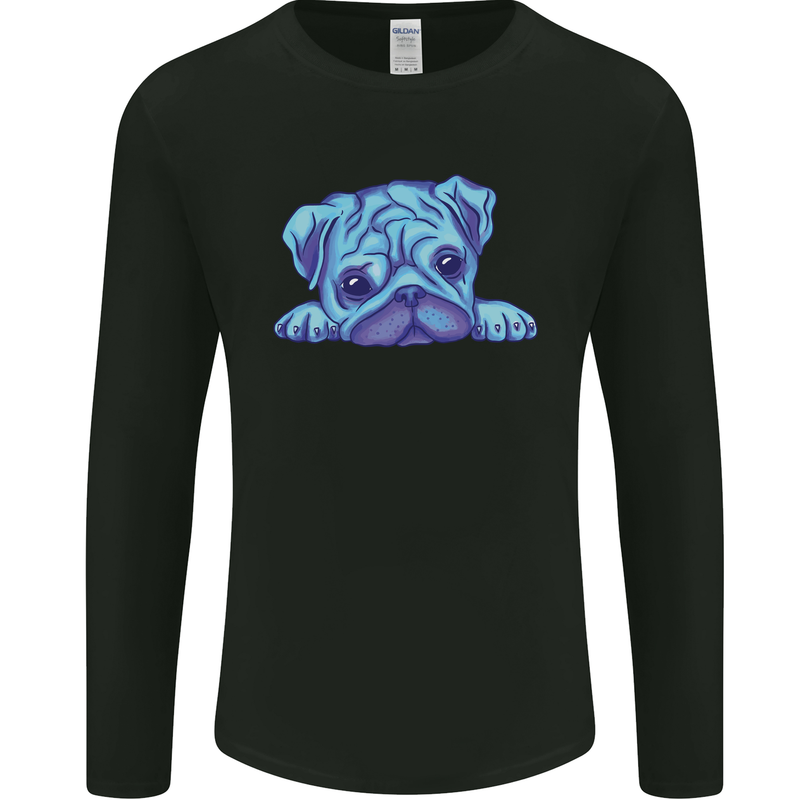 A Blue Watercolour Pug Mens Long Sleeve T-Shirt Black