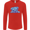 A Blue Watercolour Pug Mens Long Sleeve T-Shirt Red