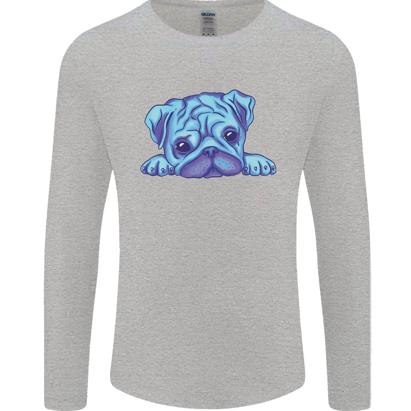 A Blue Watercolour Pug Mens Long Sleeve T-Shirt Sports Grey