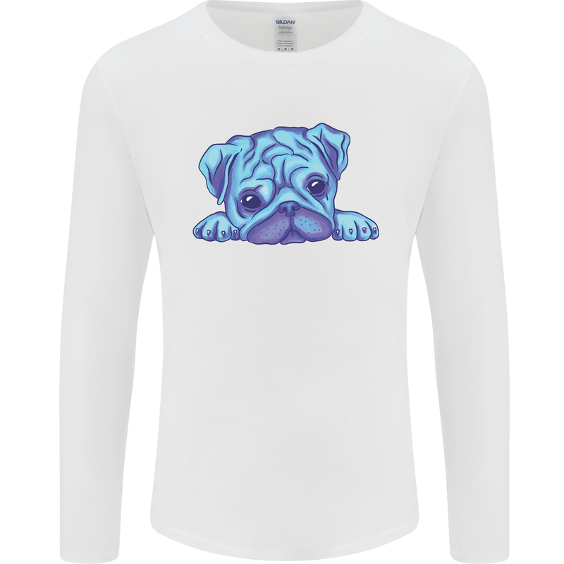 A Blue Watercolour Pug Mens Long Sleeve T-Shirt White
