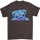 A Blue Watercolour Pug Mens T-Shirt Cotton Gildan Dark Chocolate