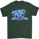A Blue Watercolour Pug Mens T-Shirt Cotton Gildan Forest Green