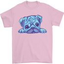 A Blue Watercolour Pug Mens T-Shirt Cotton Gildan Light Pink