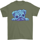 A Blue Watercolour Pug Mens T-Shirt Cotton Gildan Military Green