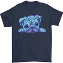 A Blue Watercolour Pug Mens T-Shirt Cotton Gildan Navy Blue