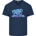 A Blue Watercolour Pug Mens V-Neck Cotton T-Shirt Navy Blue