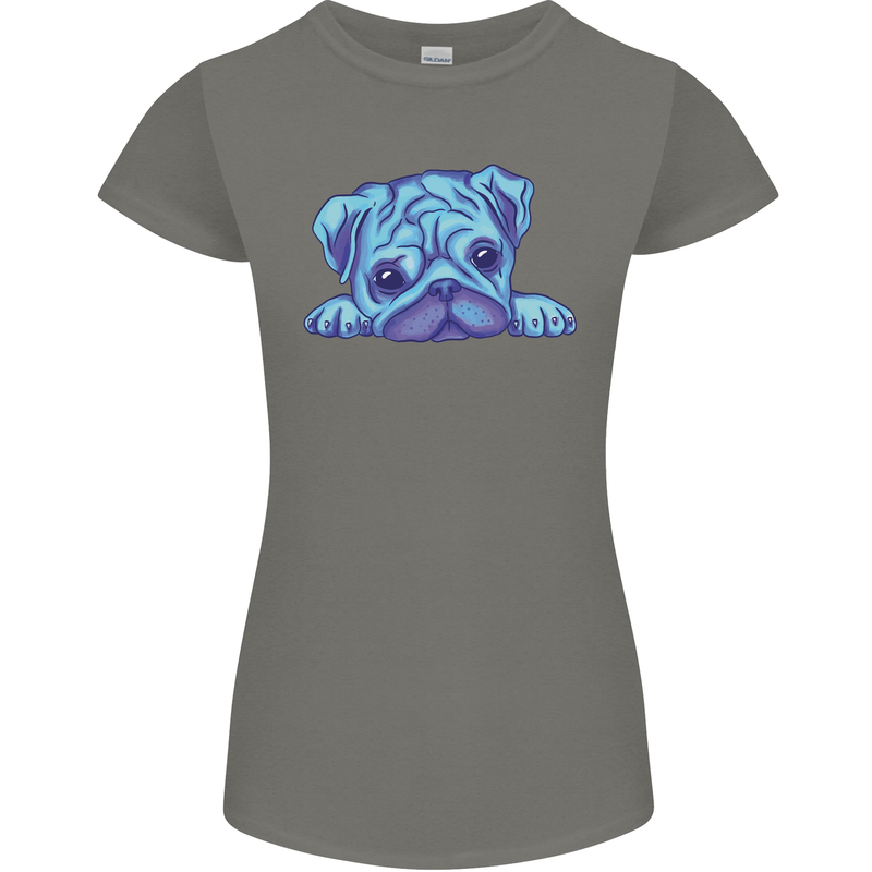 A Blue Watercolour Pug Womens Petite Cut T-Shirt Charcoal