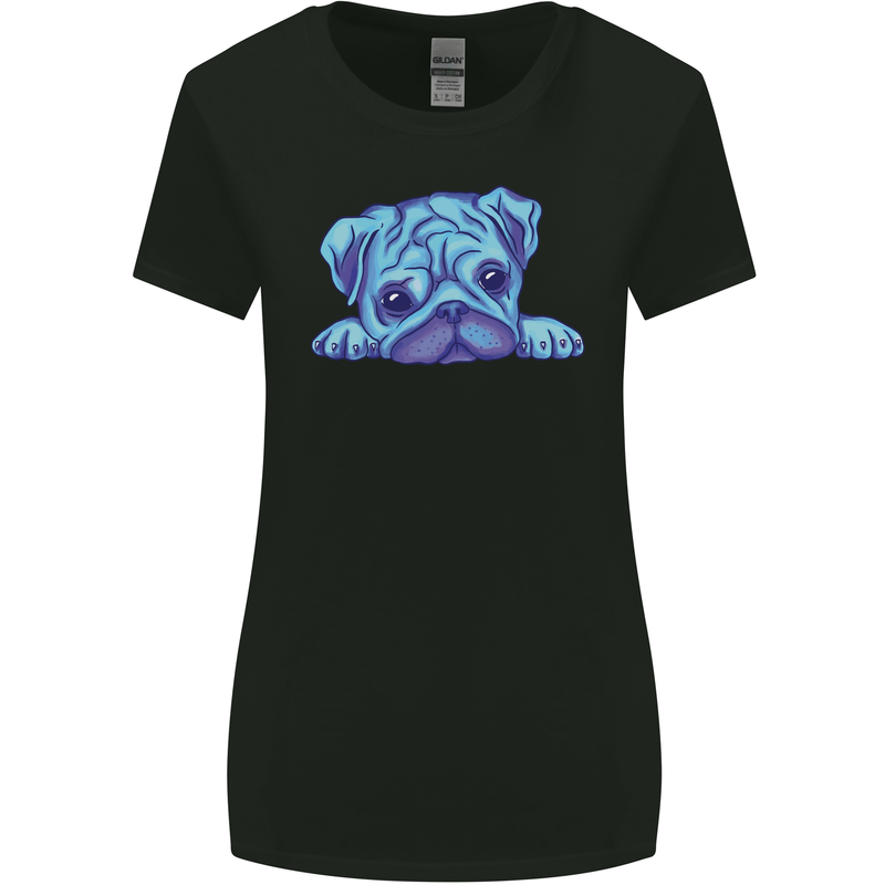 A Blue Watercolour Pug Womens Wider Cut T-Shirt Black