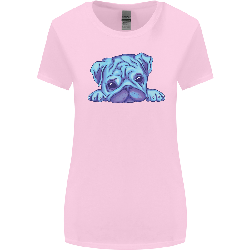 A Blue Watercolour Pug Womens Wider Cut T-Shirt Light Pink