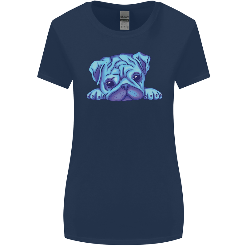 A Blue Watercolour Pug Womens Wider Cut T-Shirt Navy Blue