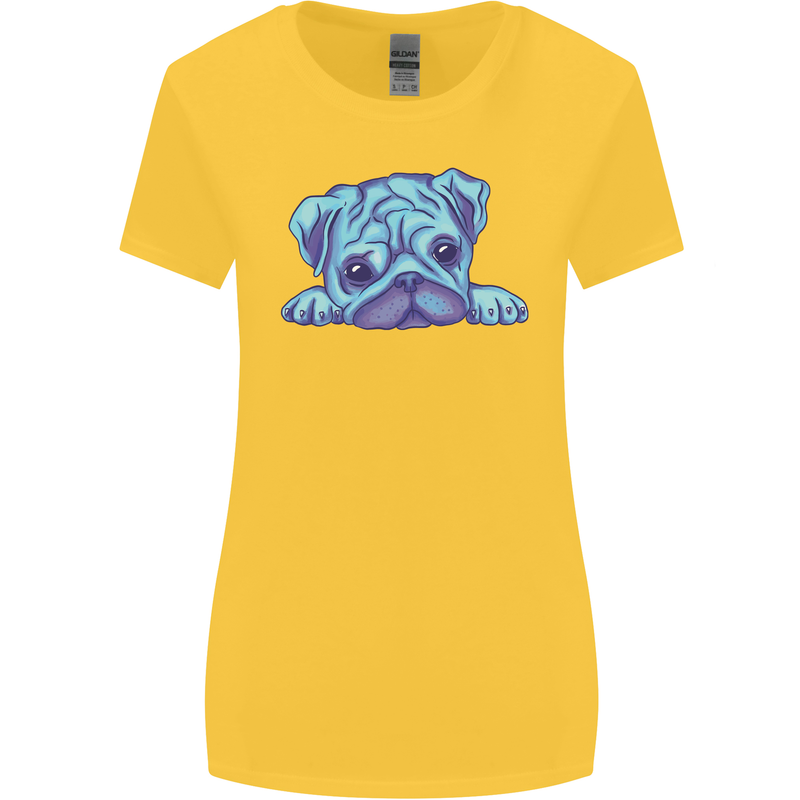 A Blue Watercolour Pug Womens Wider Cut T-Shirt Yellow