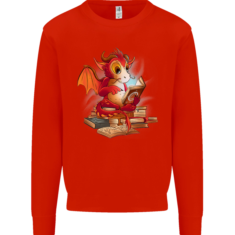 A Book Reading Dragon Bookworm Fantasy Kids Sweatshirt Jumper Bright Red