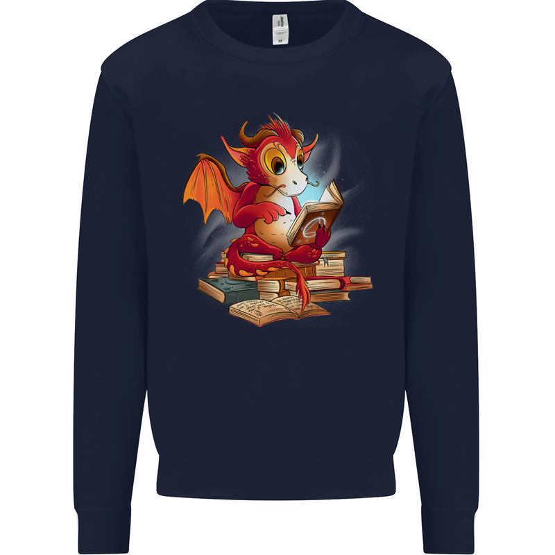 A Book Reading Dragon Bookworm Fantasy Kids Sweatshirt Jumper Navy Blue