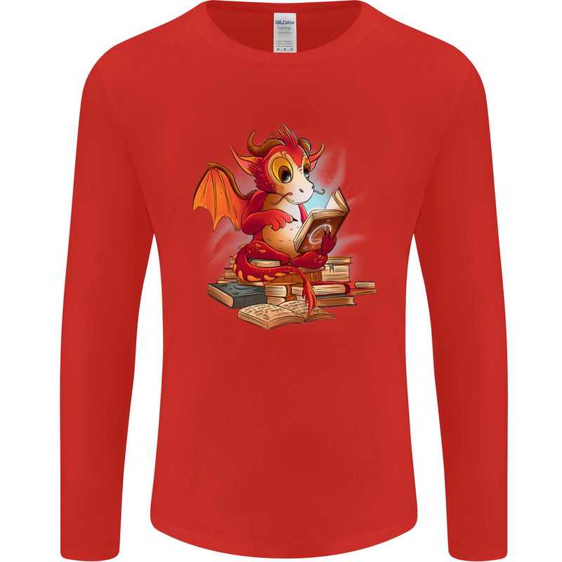 A Book Reading Dragon Bookworm Fantasy Mens Long Sleeve T-Shirt Red