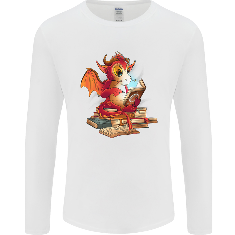 A Book Reading Dragon Bookworm Fantasy Mens Long Sleeve T-Shirt White