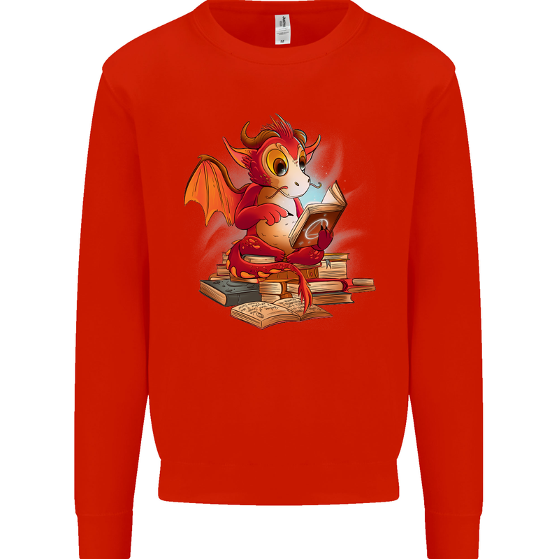 A Book Reading Dragon Bookworm Fantasy Mens Sweatshirt Jumper Bright Red
