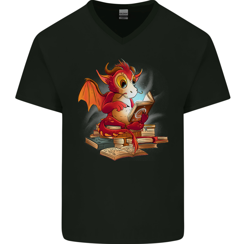A Book Reading Dragon Bookworm Fantasy Mens V-Neck Cotton T-Shirt Black