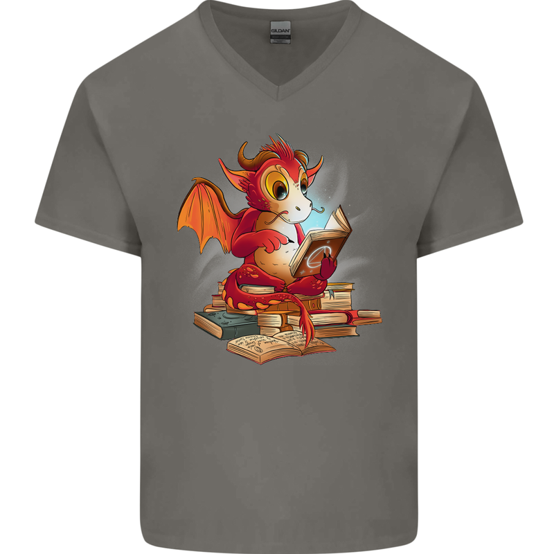 A Book Reading Dragon Bookworm Fantasy Mens V-Neck Cotton T-Shirt Charcoal