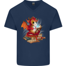 A Book Reading Dragon Bookworm Fantasy Mens V-Neck Cotton T-Shirt Navy Blue