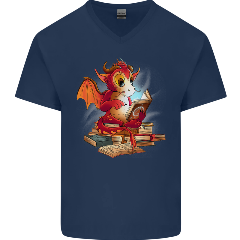 A Book Reading Dragon Bookworm Fantasy Mens V-Neck Cotton T-Shirt Navy Blue