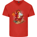A Book Reading Dragon Bookworm Fantasy Mens V-Neck Cotton T-Shirt Red