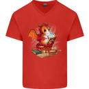 A Book Reading Dragon Bookworm Fantasy Mens V-Neck Cotton T-Shirt Red