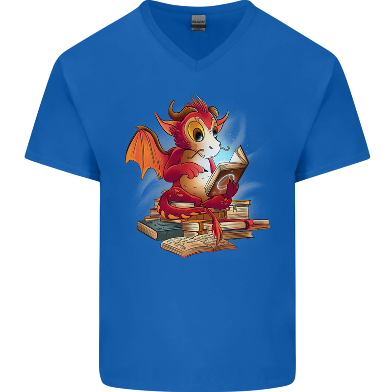 A Book Reading Dragon Bookworm Fantasy Mens V-Neck Cotton T-Shirt Royal Blue