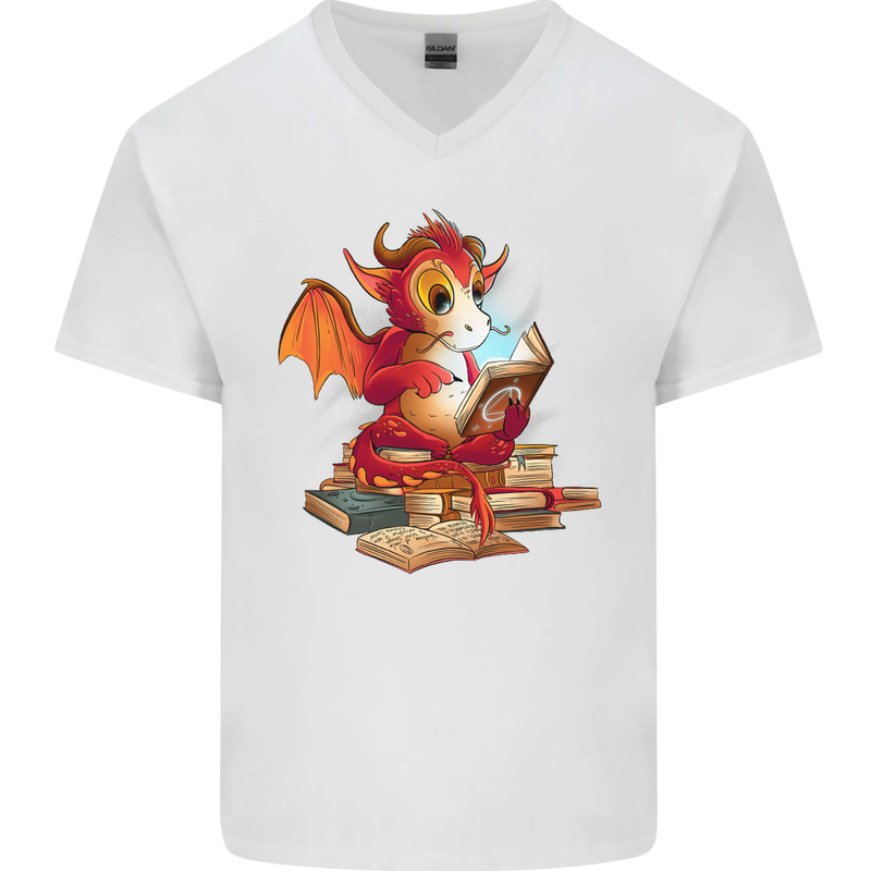 A Book Reading Dragon Bookworm Fantasy Mens V-Neck Cotton T-Shirt White