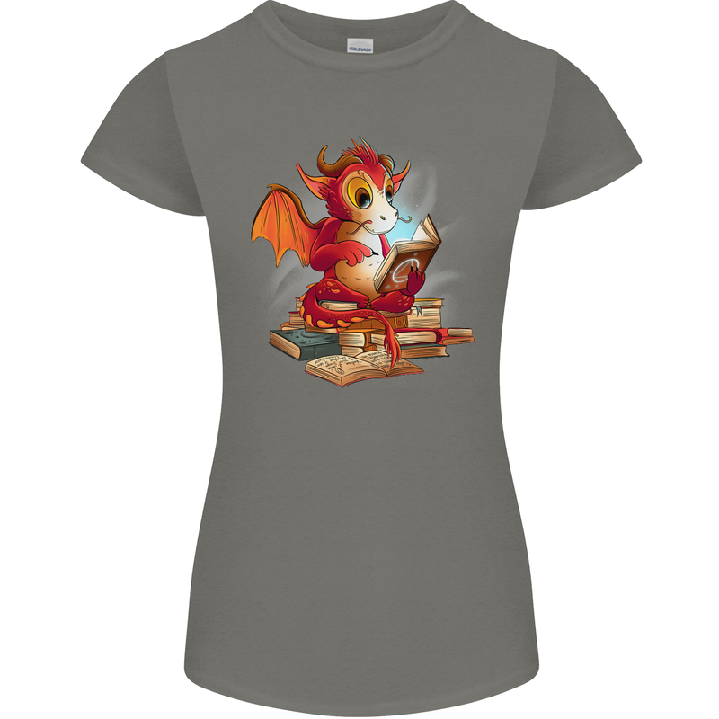 A Book Reading Dragon Bookworm Fantasy Womens Petite Cut T-Shirt Charcoal