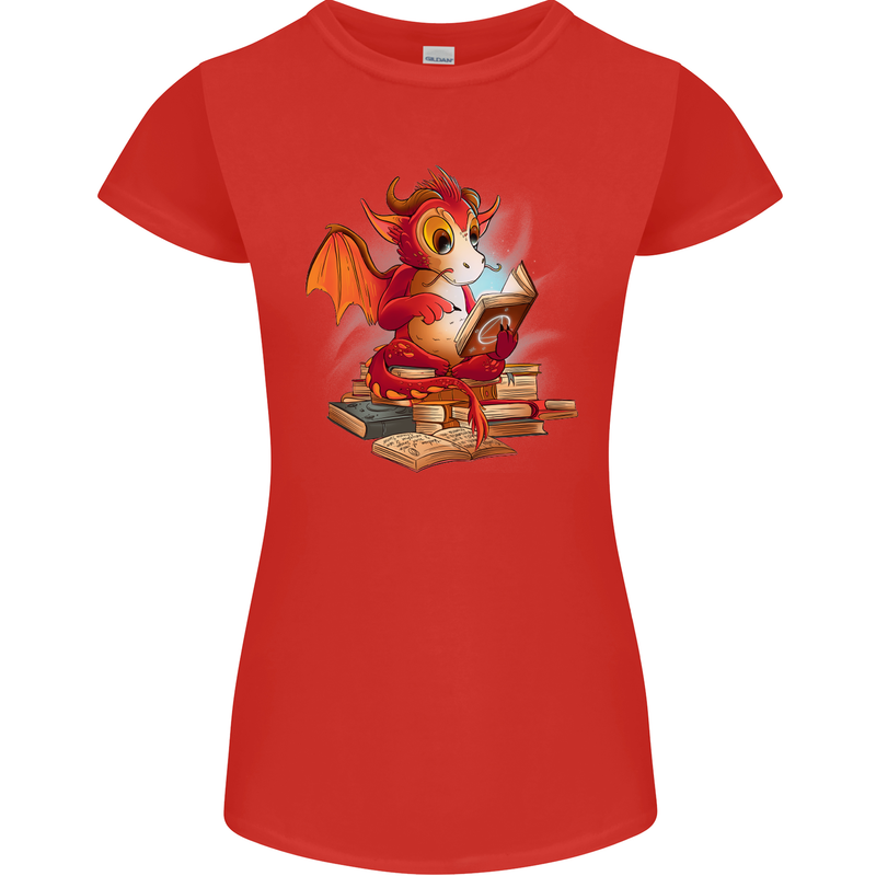 A Book Reading Dragon Bookworm Fantasy Womens Petite Cut T-Shirt Red
