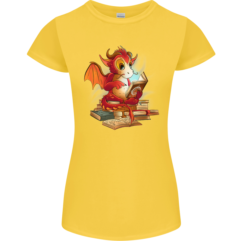 A Book Reading Dragon Bookworm Fantasy Womens Petite Cut T-Shirt Yellow
