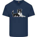 A Border Collie Dog Mens V-Neck Cotton T-Shirt Navy Blue