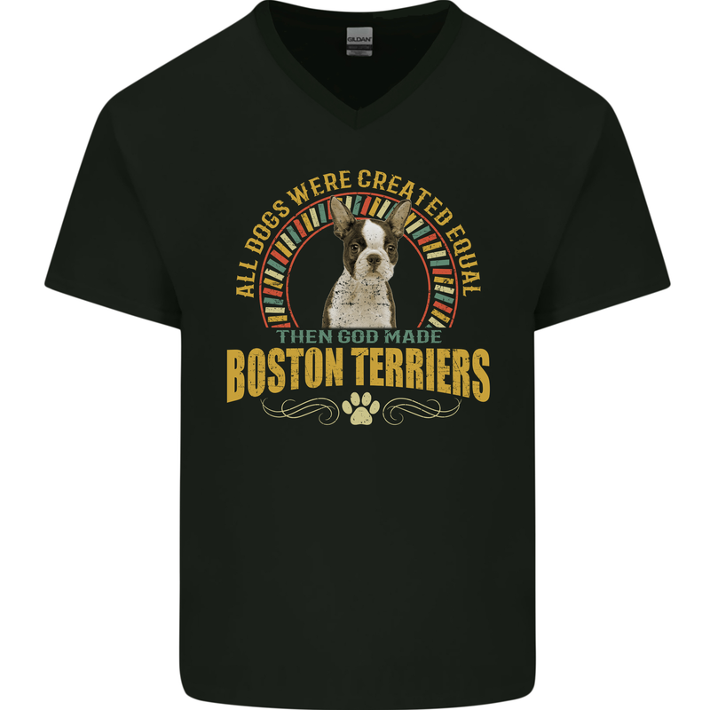 A Boston Terrier Dog Mens V-Neck Cotton T-Shirt Black
