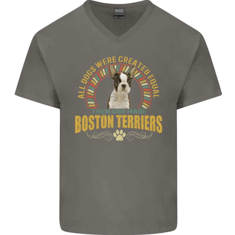 A Boston Terrier Dog Mens V-Neck Cotton T-Shirt Charcoal