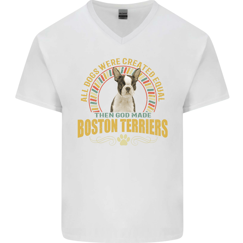 A Boston Terrier Dog Mens V-Neck Cotton T-Shirt White
