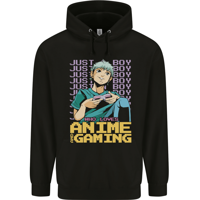 A Boy Who Loves Anime and Gaming Gamer Childrens Kids Hoodie Black