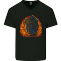 A Buddha Statue With Flames Mens V-Neck Cotton T-Shirt Black